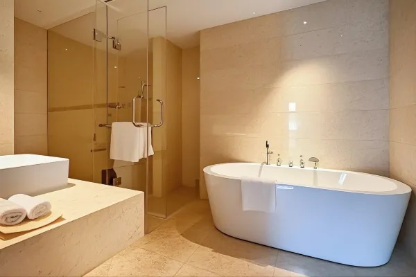 Hotel guest room bathing area environment display map
