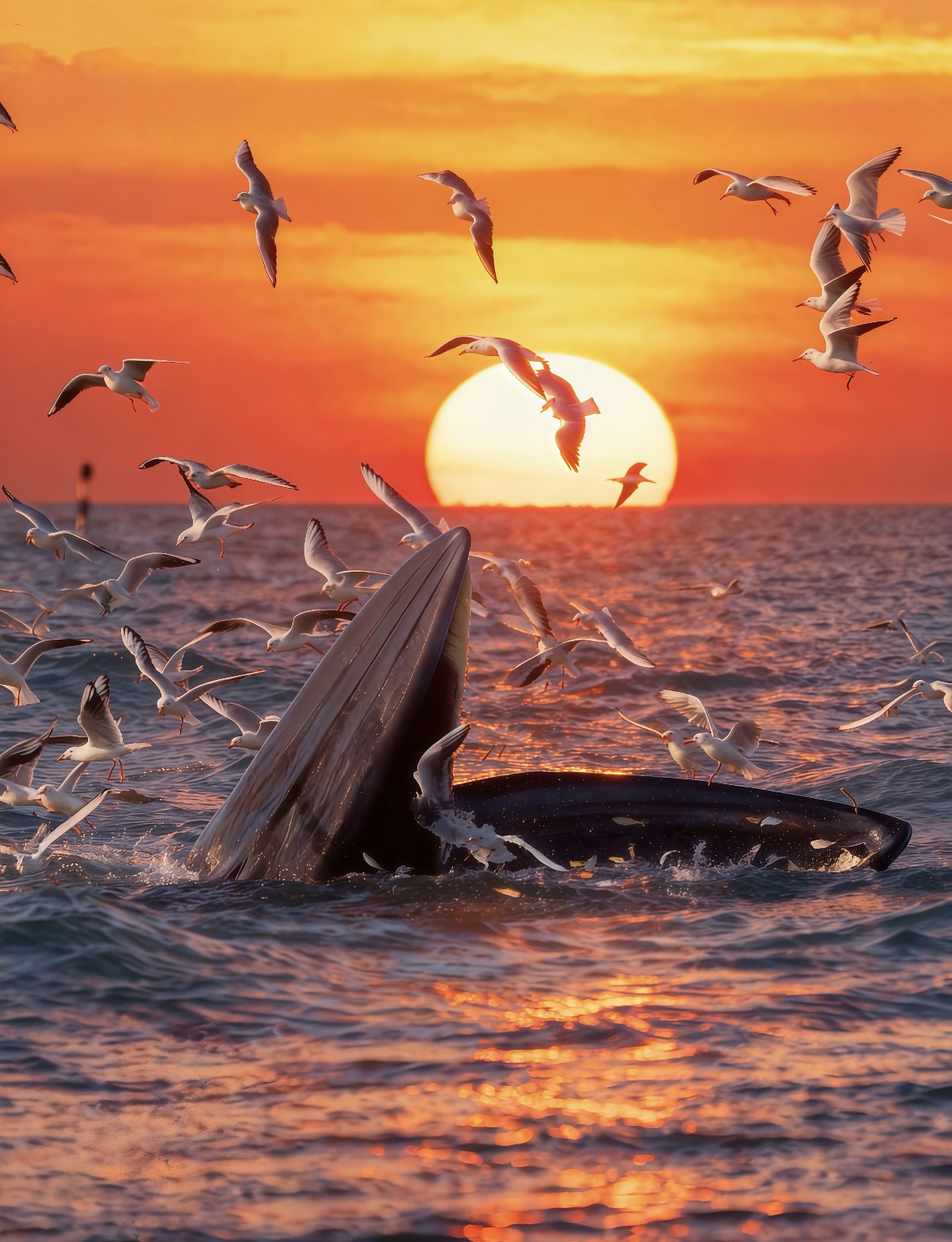 Setting sail to chase Bryde's whales: The bow cuts through the emerald sea, and shadows of over ten meters elegantly float and sink. Bryde's whale's tail fins hit crystal splashes, seagulls skim over the crests, and calls and whale breaths are intertwined