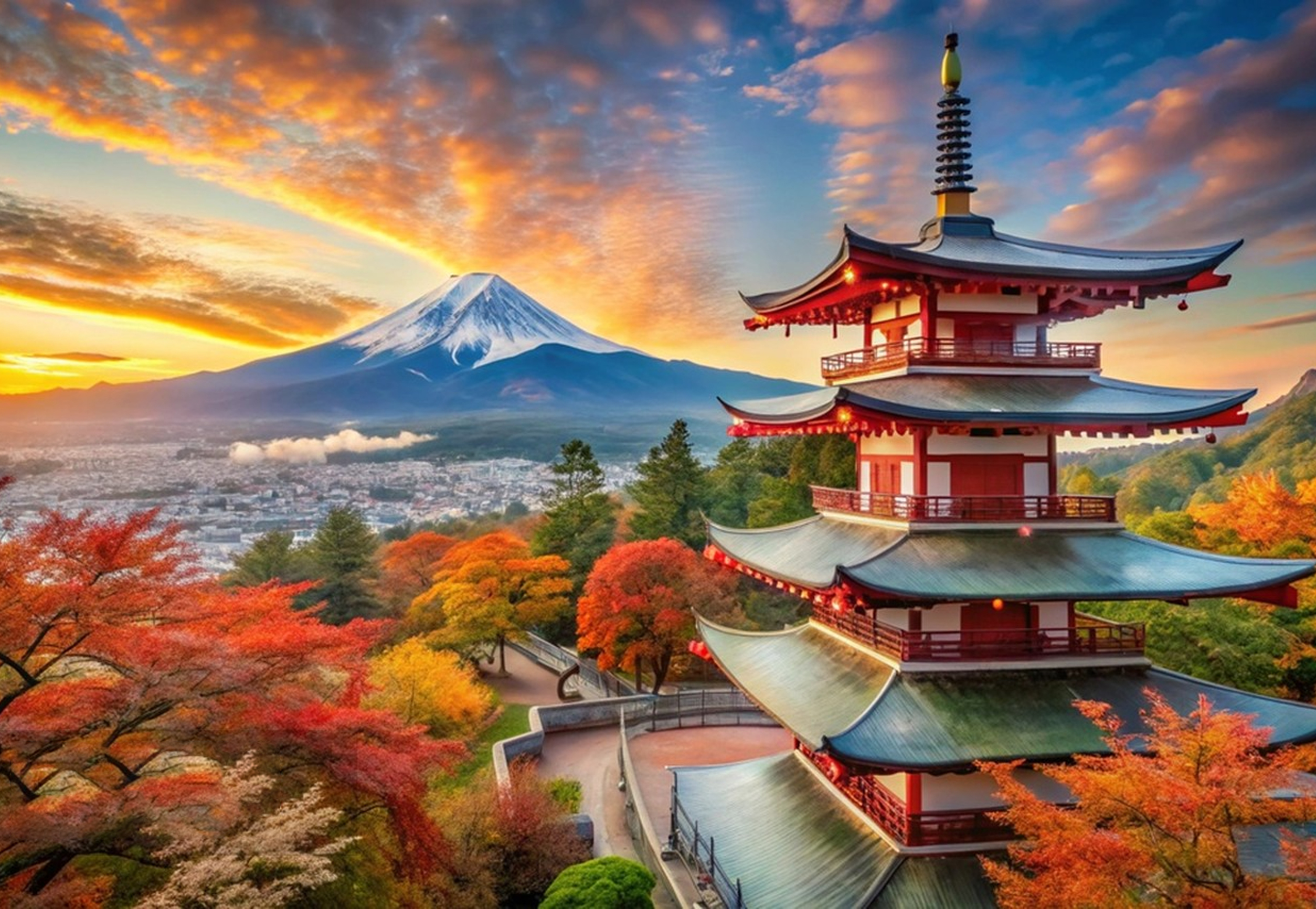 Arakurayama Sengen Park | Stone steps covered in red, vermilion pagoda reflecting the sun, Mount Fuji standing silently in the distance, every frame is a Japanese romance etched in the heart.