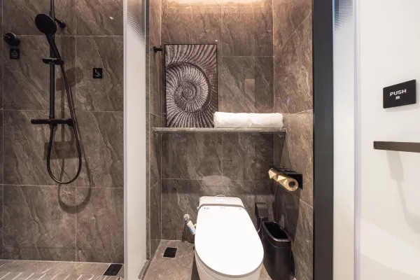 Hotel guest room bathing area interior environment display map