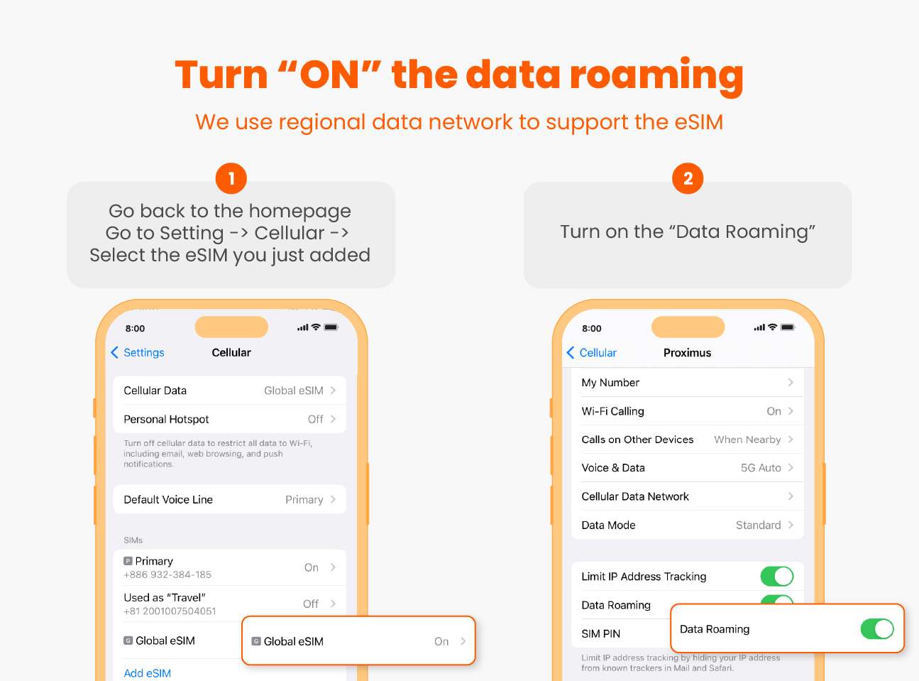 Turn on eSIM data roaming