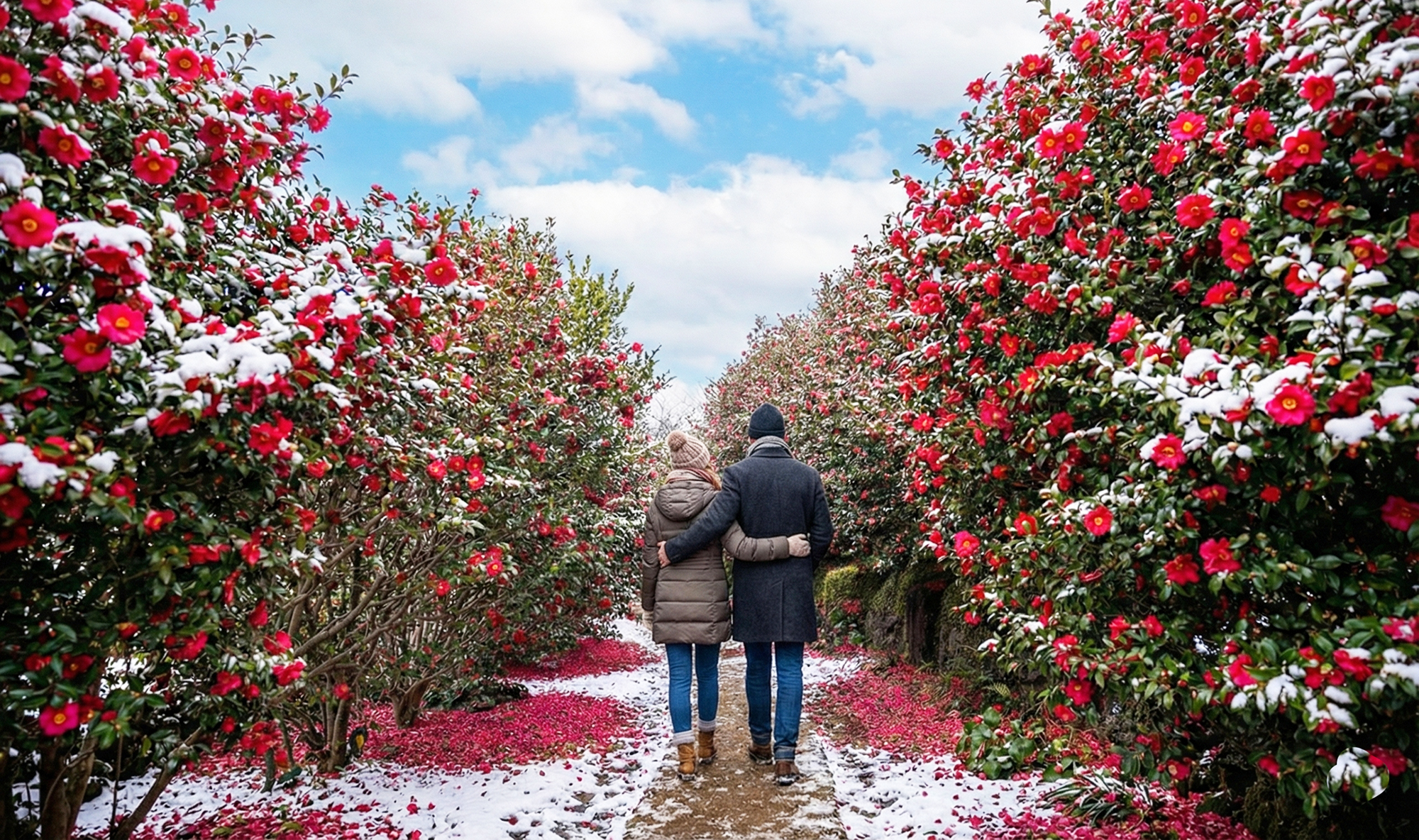 從冬季到早春，**山茶花**將濟州島的森林染上鮮豔的紅色，創造出島上最迷人的季節景色之一。這是冬季濟州之旅不容錯過的美麗景象。