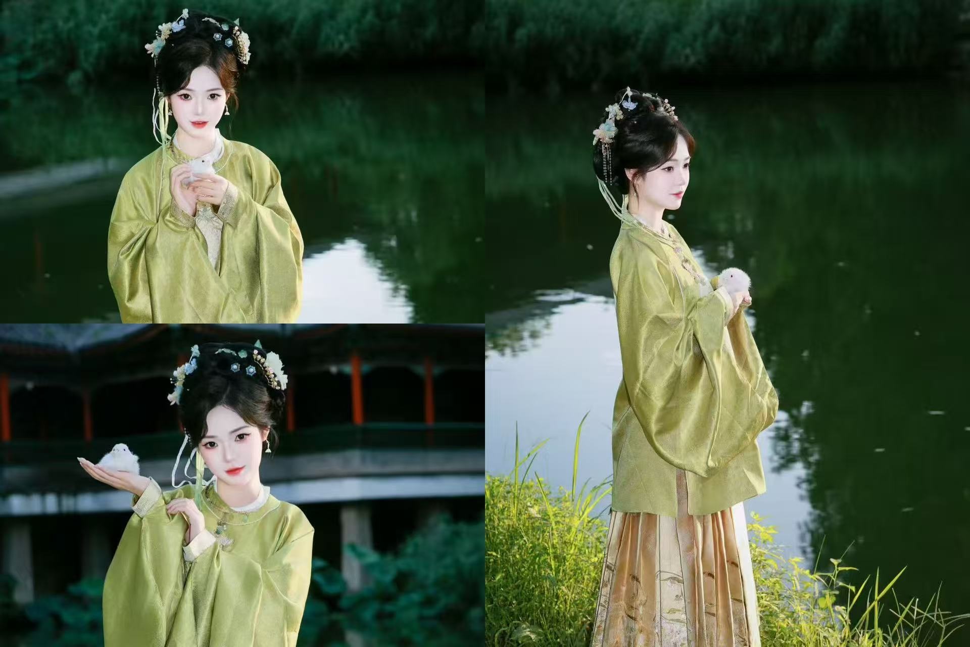 若是選擇溫婉典雅的宋制漢服，妝容則瞬間變得清新淡雅起來，眉毛細長柔和，宛如初春的柳葉，輕輕落在眉眼之間，眼妝也是淡淡的暈染