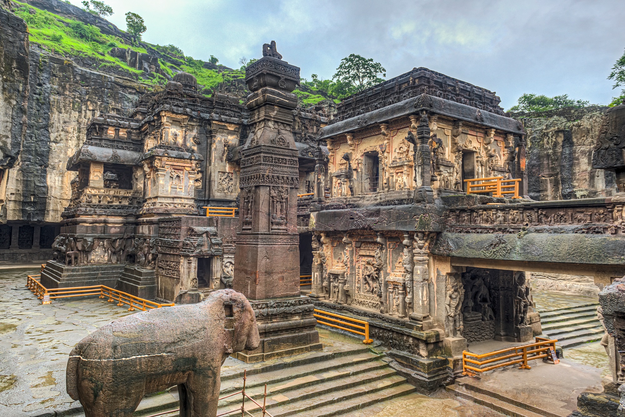 The wonder of Kailasa the Cave no. 16 of Ellora cave, a rock-cut monolithic temple. Ellora temple is religious complex with Buddhist, Hindu and Jain cave temples and monasteries.