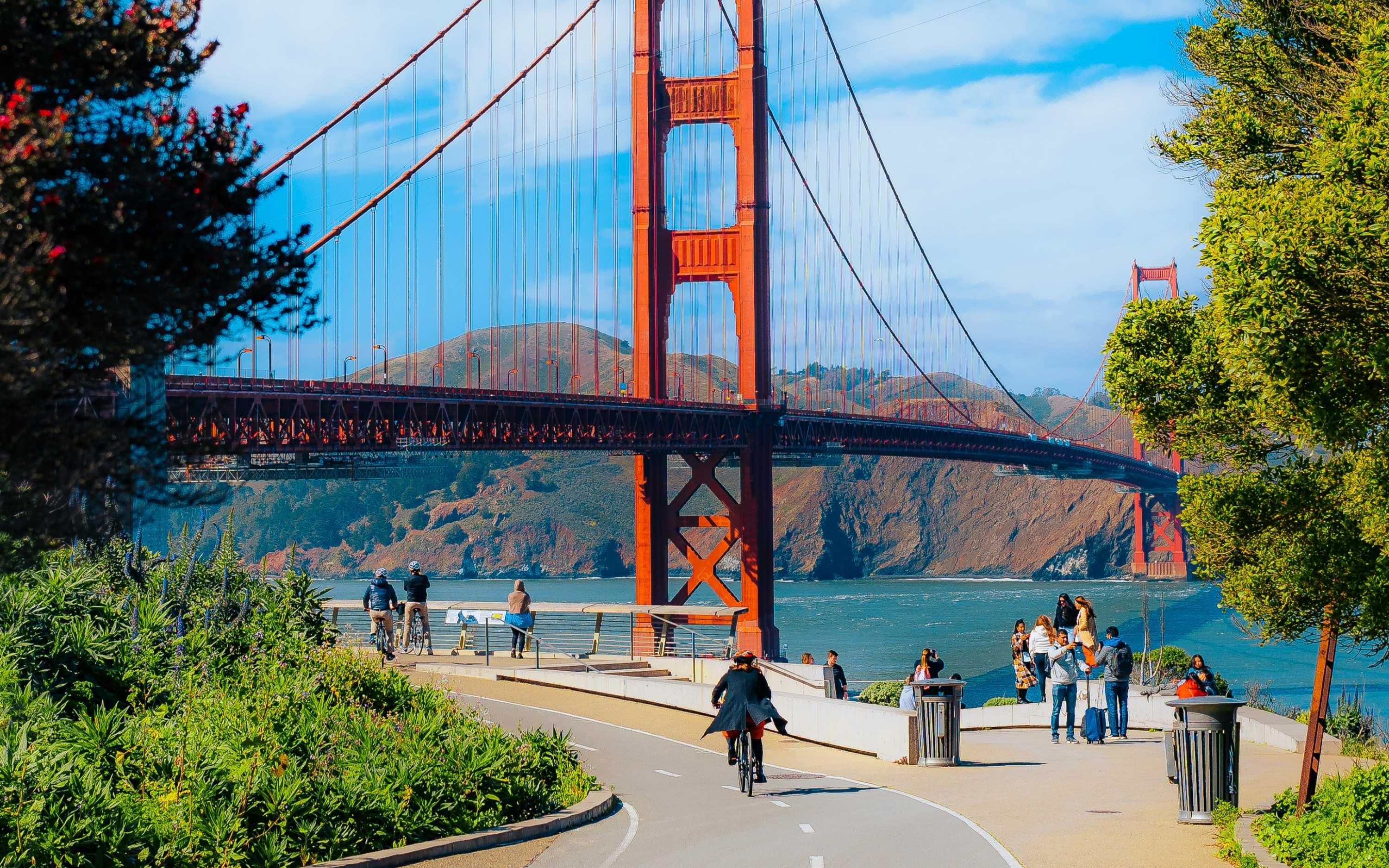 Enjoy a leisure bike ride along the beautiful and sunny Sausalito waterfront