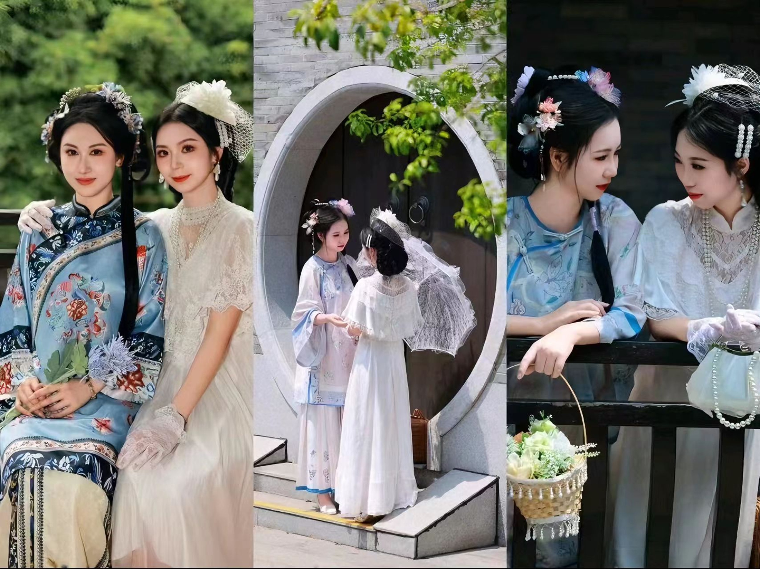 清漢與新中式造型,藍底繡服配白紗裙,圓門與欄杆為景,盡顯民國閨秀的溫婉與雅緻 清漢與新中式造型,藍底繡服配白紗裙,圓門與欄杆為景,盡顯民國閨秀的溫婉與雅緻