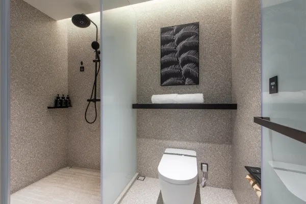 Hotel guest room bathing area environment display map