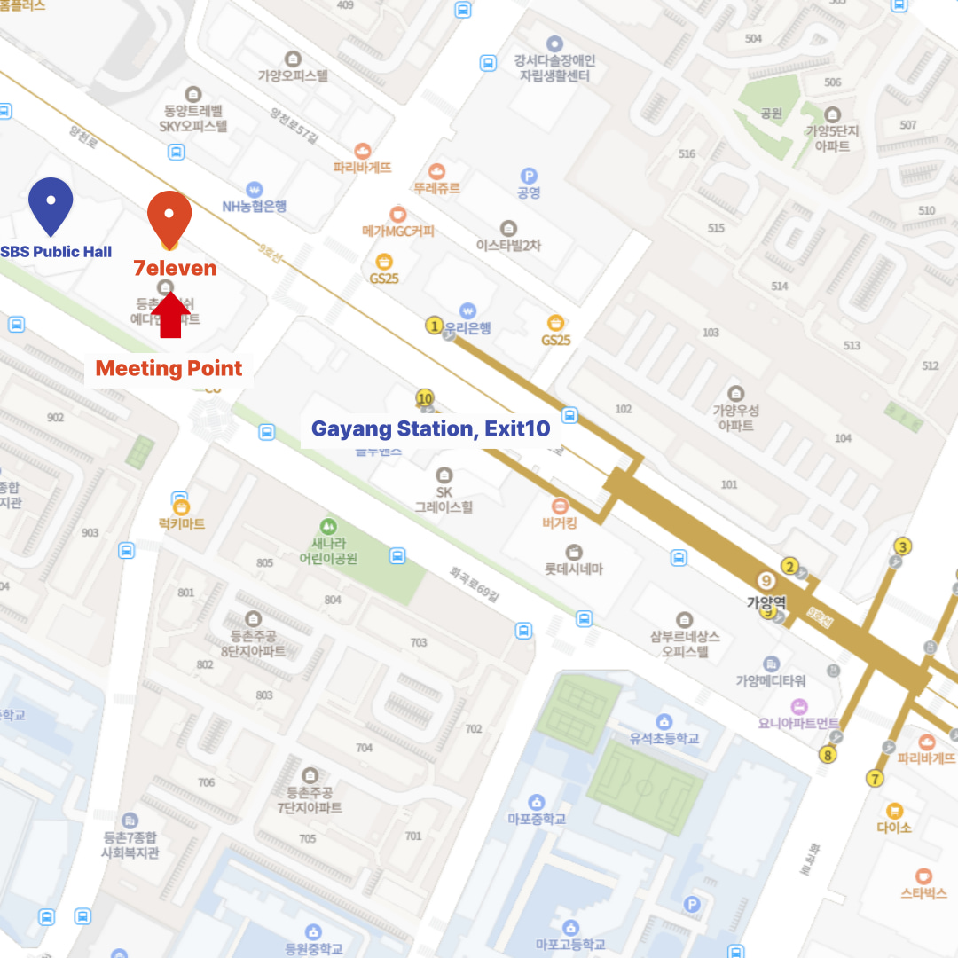 Check in front of the 7-Eleven located to the immediate left of the SBS Deungchon Open Hall, under the "Inkigayo (Beautiful Media Tour)" flag.