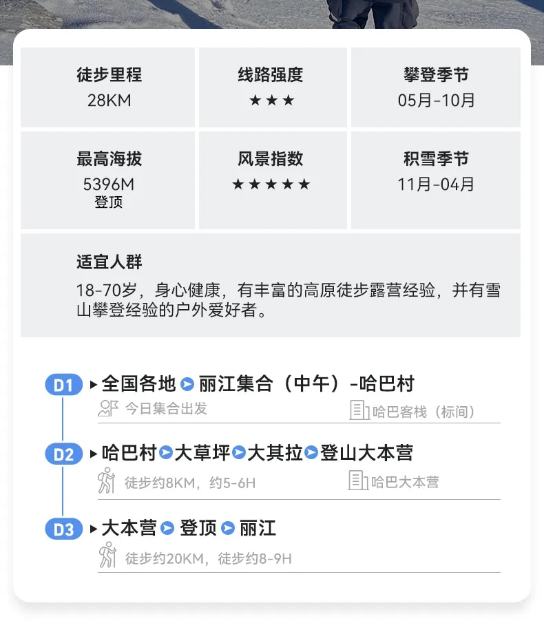 雲南麗江哈巴雪山攀登3天2晚（人生第一座雪山+1：1專業登頂嚮導+騾馬馱運大件行李+提供免費裝備使用+贈送慶功晚宴）