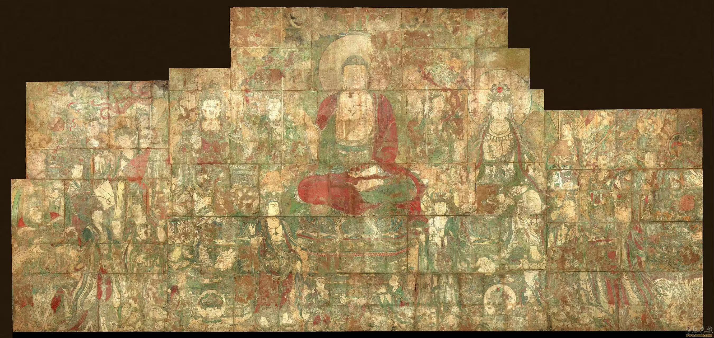 廣勝寺水神廟元代巨幅壁畫恢弘古樸，歷經歲月色澤斑駁柔和。正中佛陀端坐蓮臺，四周菩薩、仙眾環繞排布，線條細膩流暢，是國內現存極具價值的古代壁畫遺存