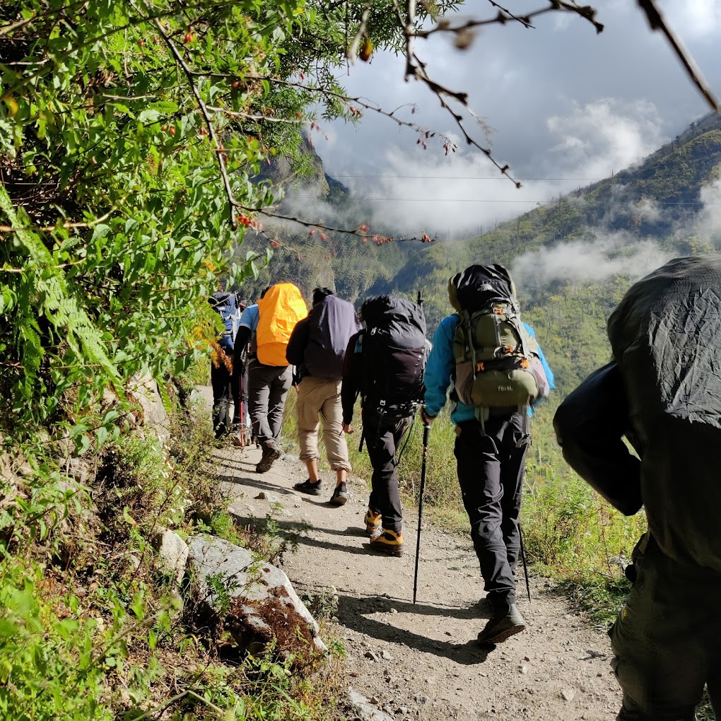 trekkers / hikers are heading for langtang 