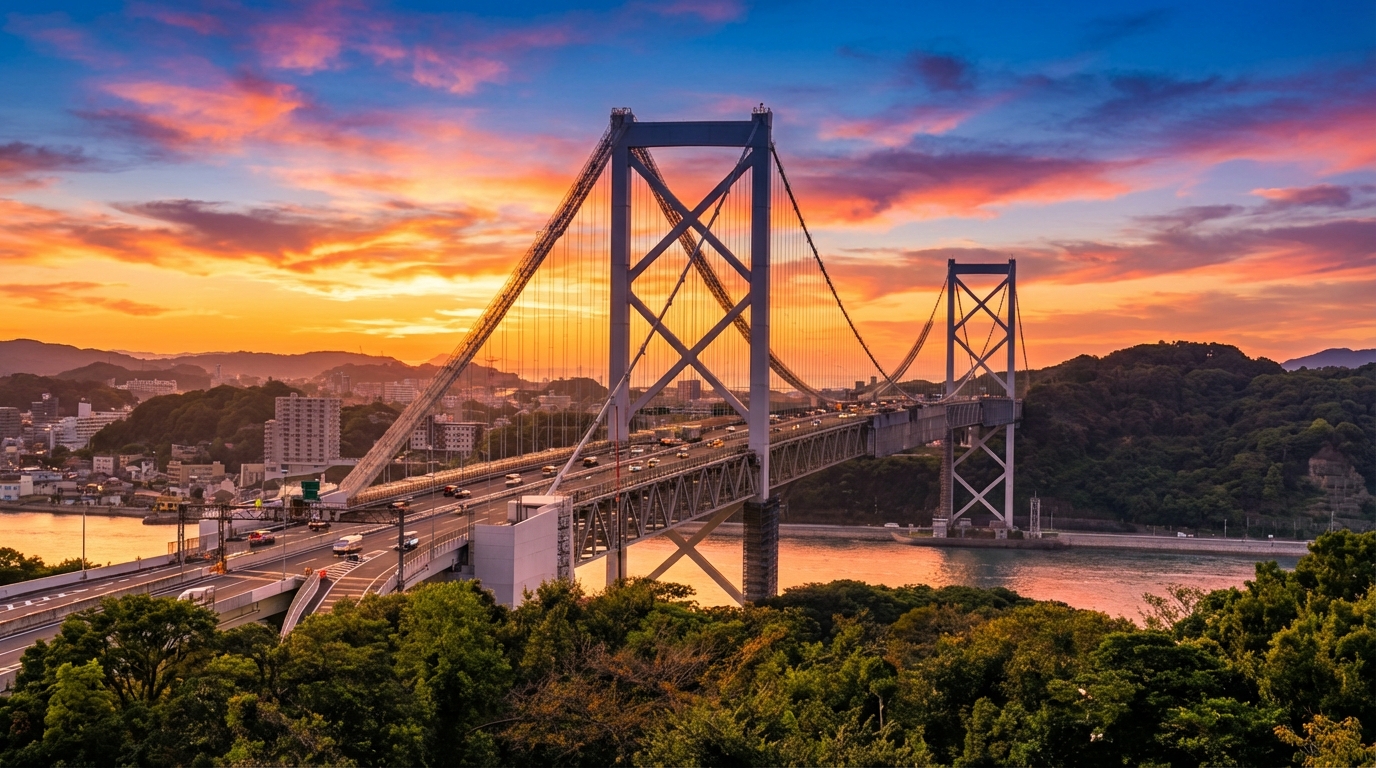 關門大橋（車覽）是本州與九州的分界線，橫跨日本關門海峽，能看到整個海峽的全景。