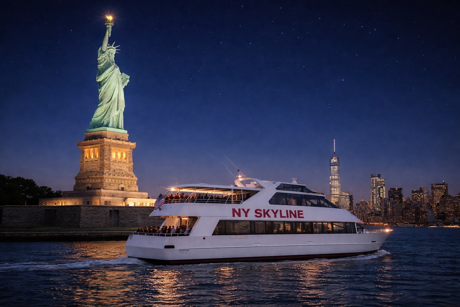 夜間航行至自由女神像附近，捕捉燈光璀璨的自由女神像，拍下無與倫比的照片