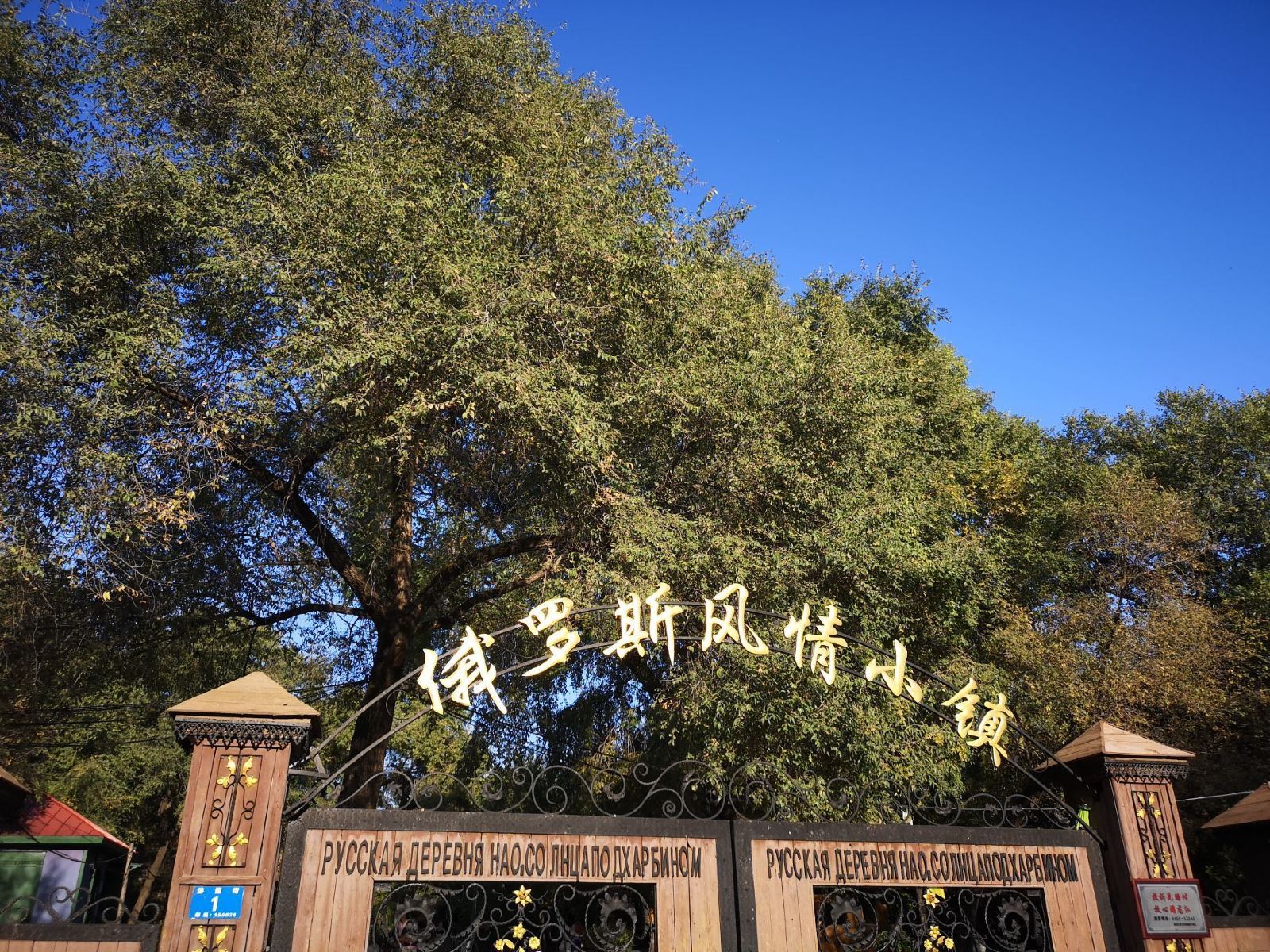 巨大的綠樹掩映著小鎮木製大門，“俄羅斯風情小鎮”招牌醒目