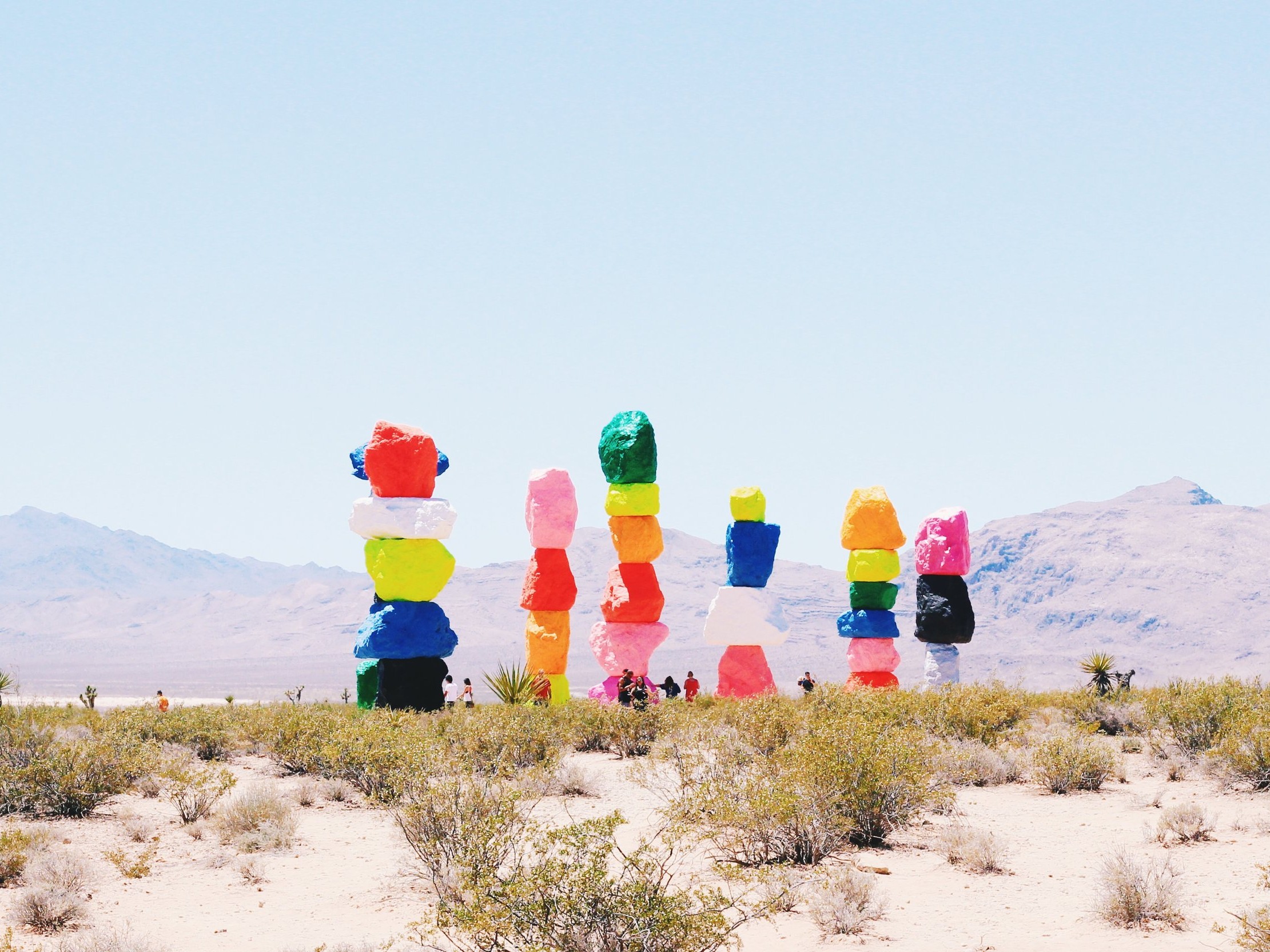 Admire the colorful Seven Magic Mountains art installation by renowned artist Ugo Rondinone