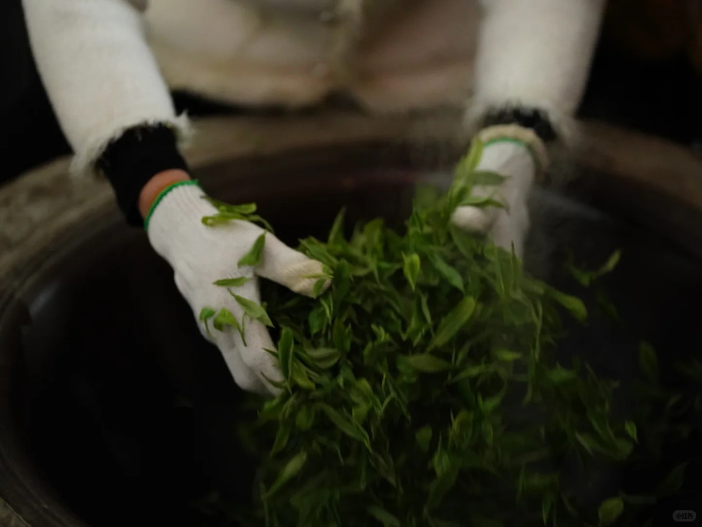 鐵鍋高溫（約 180℃）翻炒，鎖鮮固色，去除青澀味，戴手套趁熱揉捻，揉出茶汁、捲成條索，小火慢炒至足幹，香氣濃郁；