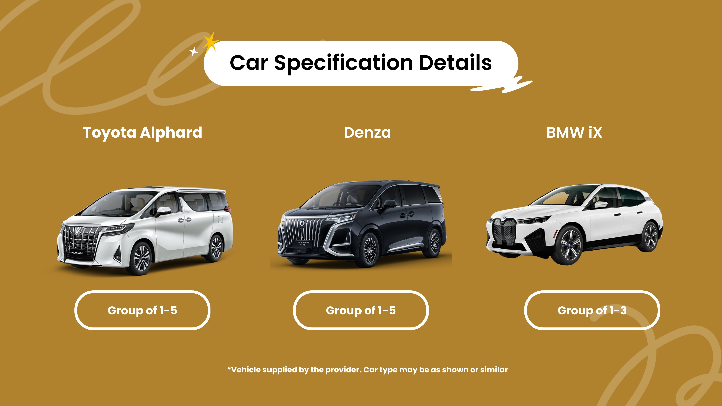 為您的雅加達之旅精選豪華車款，搭配專屬司機，多種車型選擇滿足不同團體人數需求。