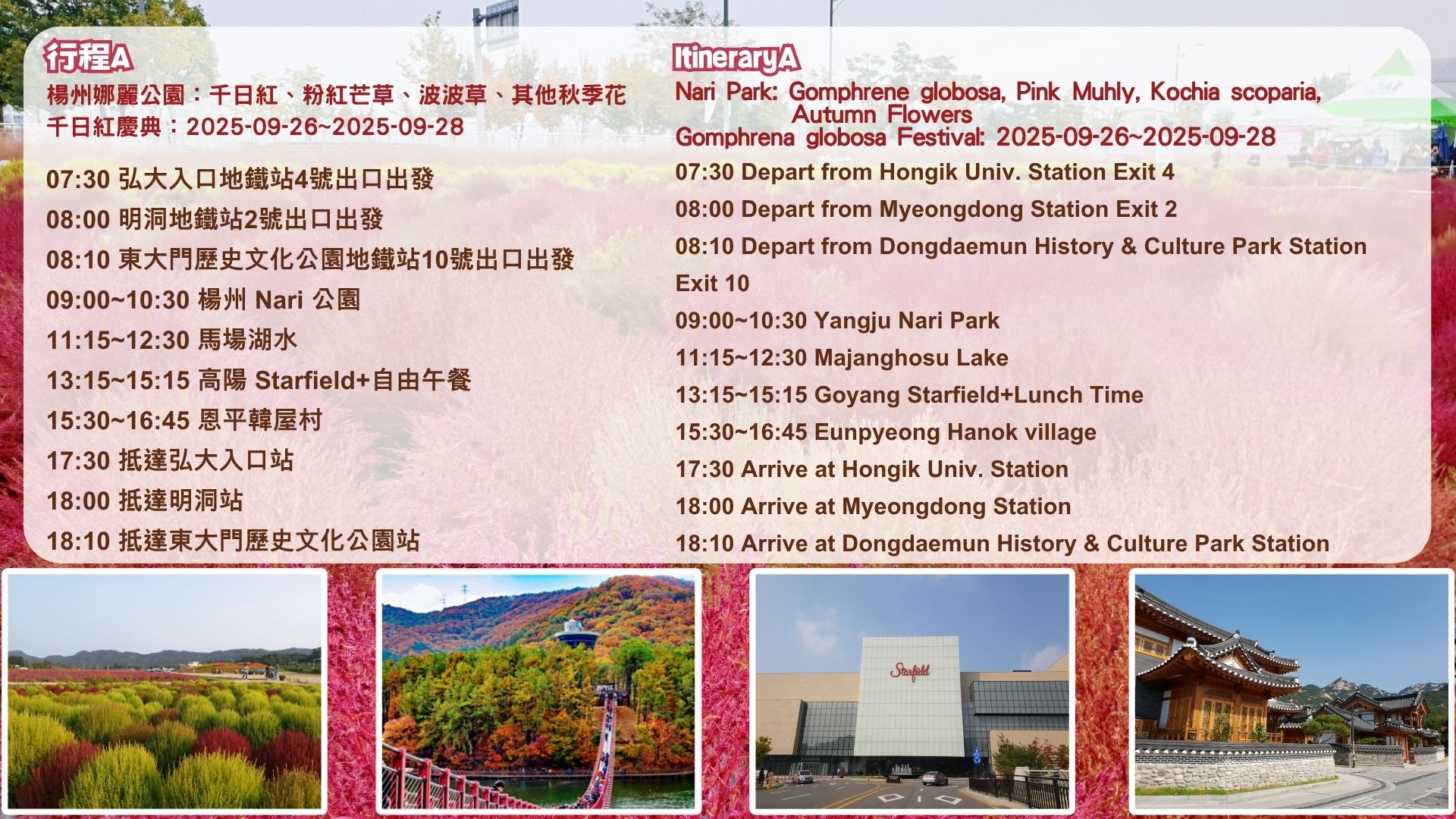 京畿/仁川秋季賞楓賞花一天團 楊州 Nari 公園/仁川夢想公園+斜坡滑車+傳燈寺+正西津+馬場湖水+Starfield+恩平韓屋村