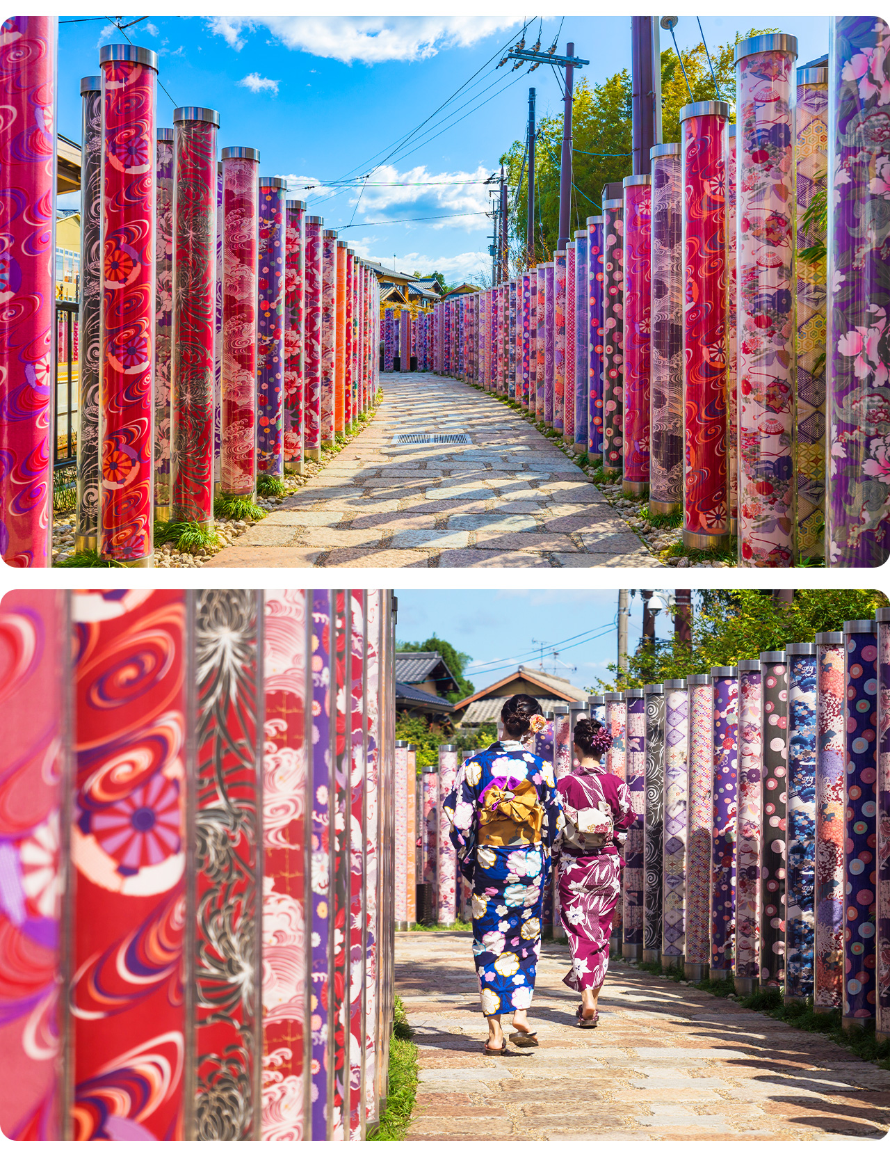 友禪光林絢麗燈光映襯下，宛如夢幻世界，展現傳統友禪染藝的藝術之美。