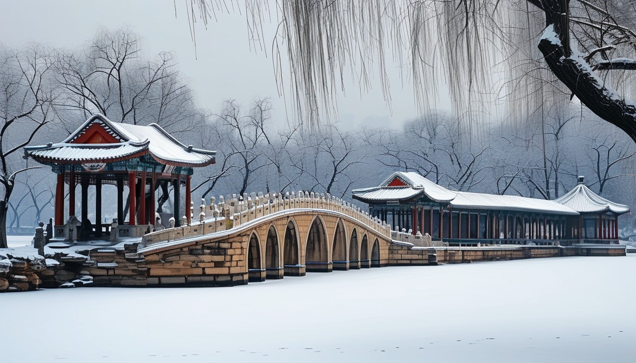 秋天的頤和園，陽光溫暖，光線穿過金黃的樹葉，色彩斑斕