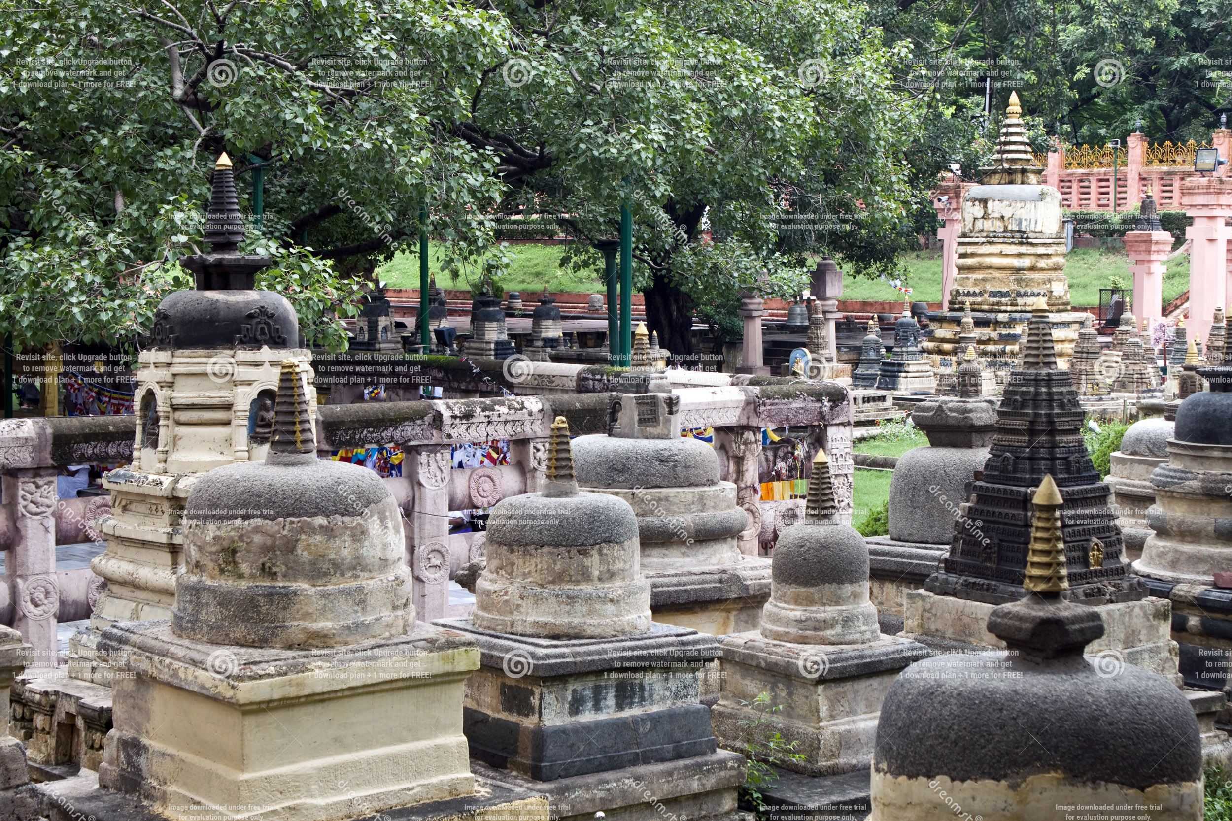 Buddhist stupas isolated with bright sky and unique prospective image is taken at Mahabodhi Temple Bodh Gaya. It is the enlightened place of Grate budha and very religious for buddhist.