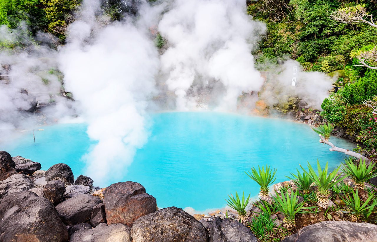 Beppu Hells - Sea Hells Beppu is the hot spring area with the highest water output in Japan. You can't miss the Beppu Hell Tour when you come to Beppu. The Sea Hells is the largest of the eight hells. It was formed when Mount Tsurumi erupted 1,200 years a