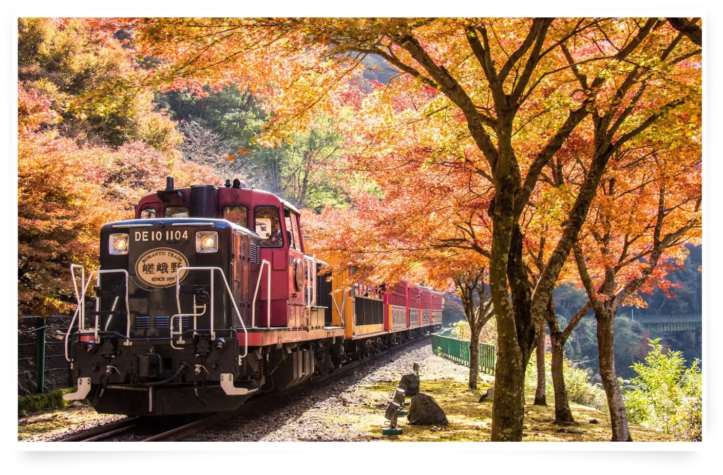 嵯峨野小火車（嵯峨野觀光鐵道）沿著保津川緩緩前行，是京都最受歡迎的觀光列車之一。
搭乘復古列車，您可以欣賞四季不同的自然風光，尤其以春櫻與秋楓最為迷人。