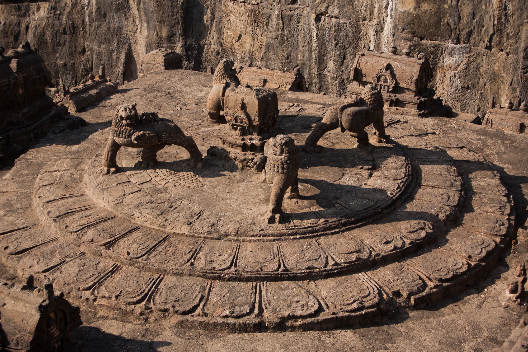 Sculptures in the Ellora caves, A Grand archeological site from the 6th to 10th century featuring religious monuments cut into rock, near Khuldabad India