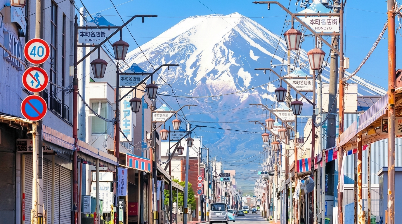 最美街區-日川時計店是一家位於山梨縣的百年鐘錶店，但因其獨特的外觀與富士山同框而成為熱門拍照地。紅磚色的西洋風建築與古樸的鐘表招牌，搭配遠處清晰聳立的富士山，形成濃厚的復古氛圍，吸引了不少攝影愛好者前來取景。