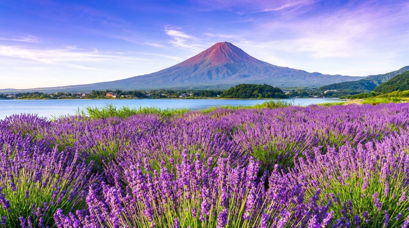 這就是富士山的明信片風景！夏天，這裡是一片薰衣草田；秋天，則變成了一片紅色的蘆葦海。我推薦嚐嚐這裡的藍色冰淇淋（用富士山特製的礦物質製成），味道就像融化的藍天。