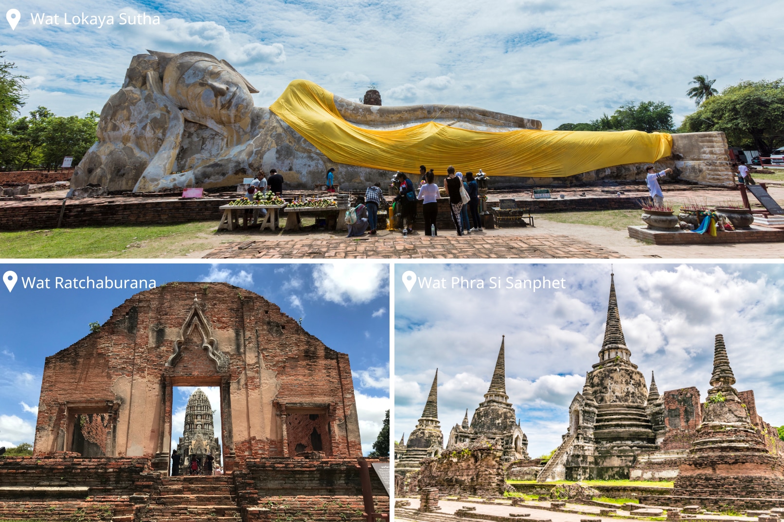 臥佛寺是大城府最大的露天臥佛，（左下角）拉乍布拉那寺是泰國最古老的佛像壁畫（右下角）帕喜善佩寺曾是古泰國大城王國的皇宮