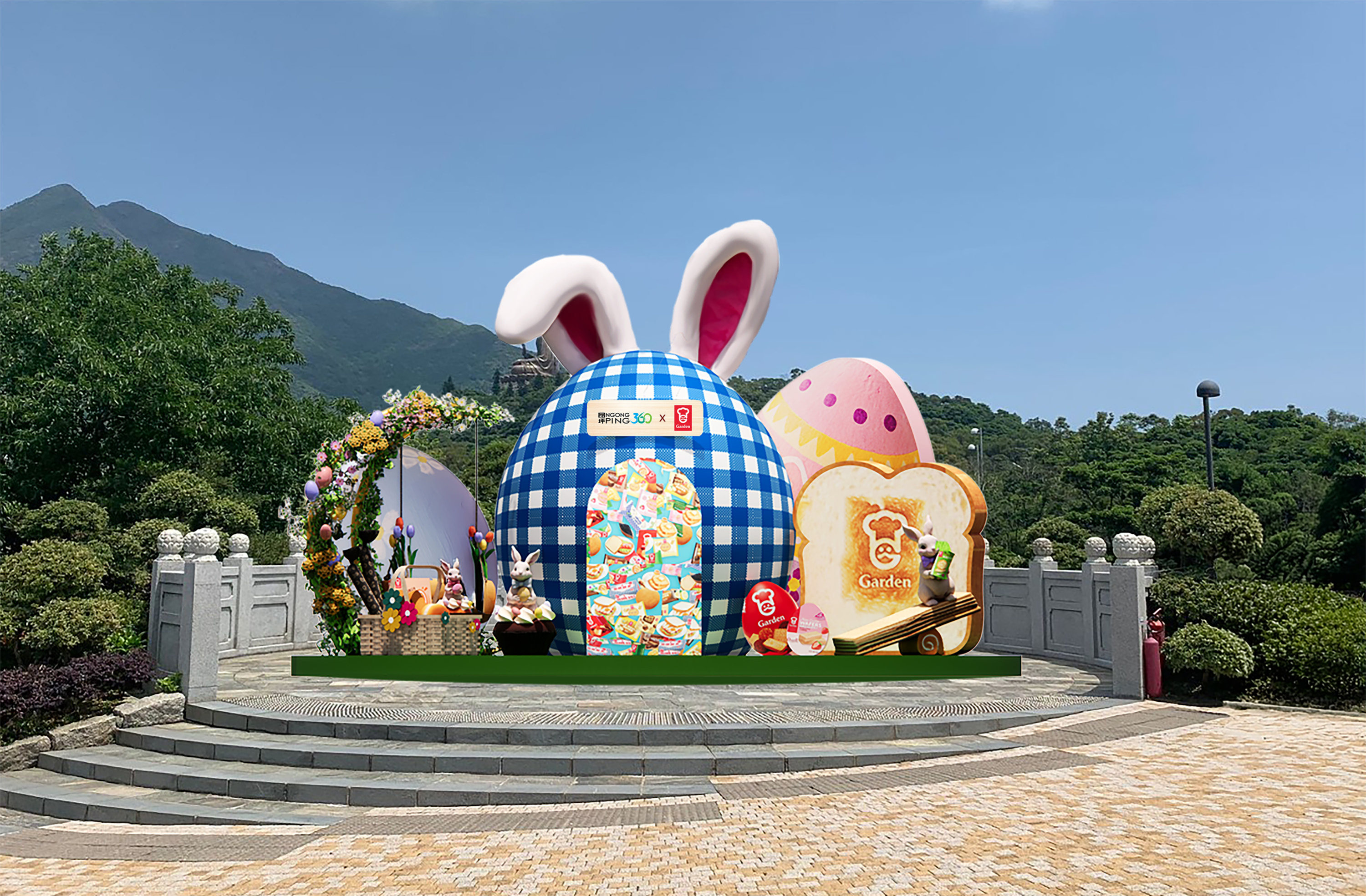 約4米高的巨型復活蛋以嘉頓生命麵包的經典藍白格仔包裝設計，配上一對萌萌的兔子耳朵