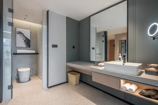 Hotel guest room bathing area environment display map