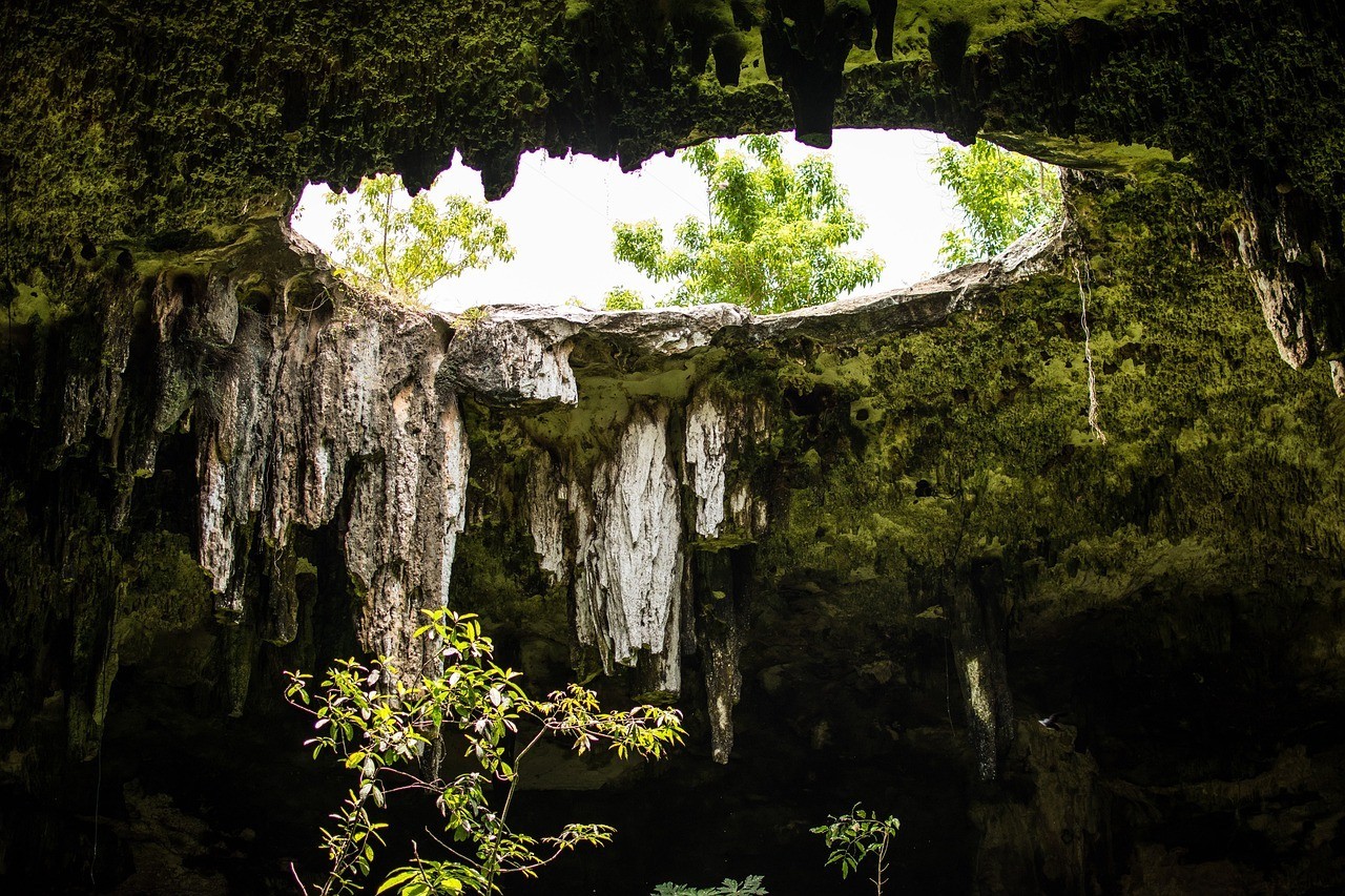 Beautiful rock formations framing the entrance to a stunning and serene cenote