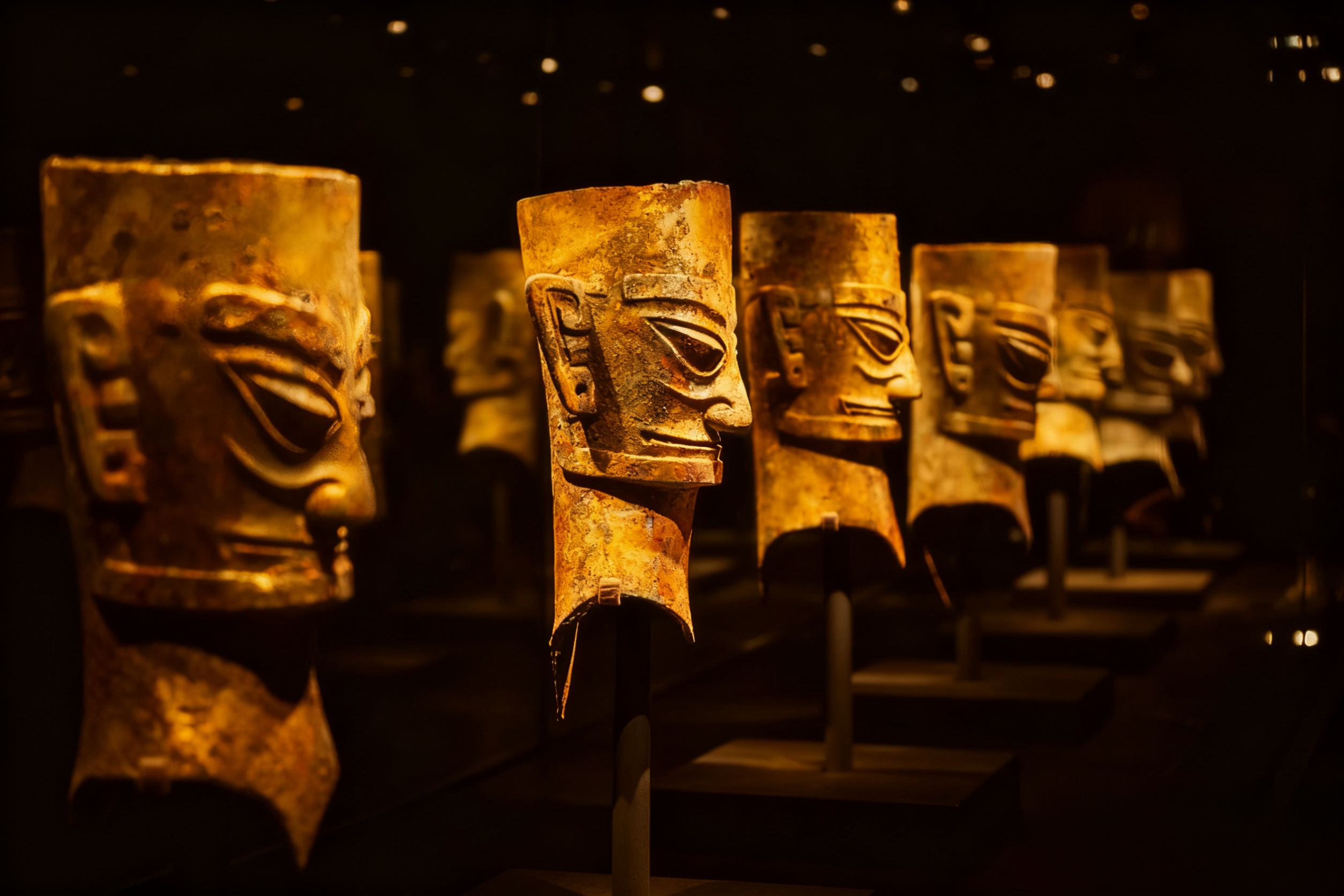 金面列陣,眉眼凝光,三星堆的古蜀密碼在歲月中靜立 金面列陣,眉眼凝光,三星堆的古蜀密碼在歲月中靜立