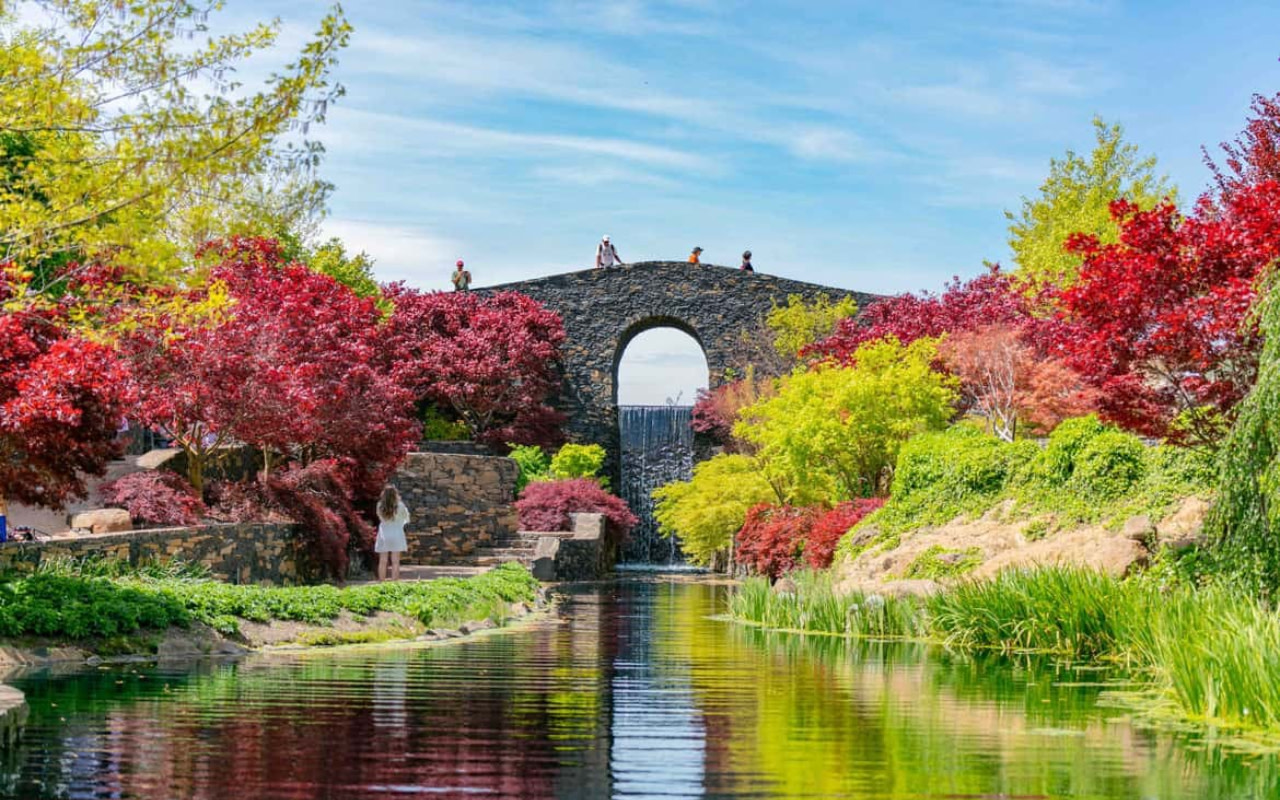 傾瀉而下的瀑布為花園增添了寧靜的魅力，與令人驚嘆的季節性景觀相互輝映。