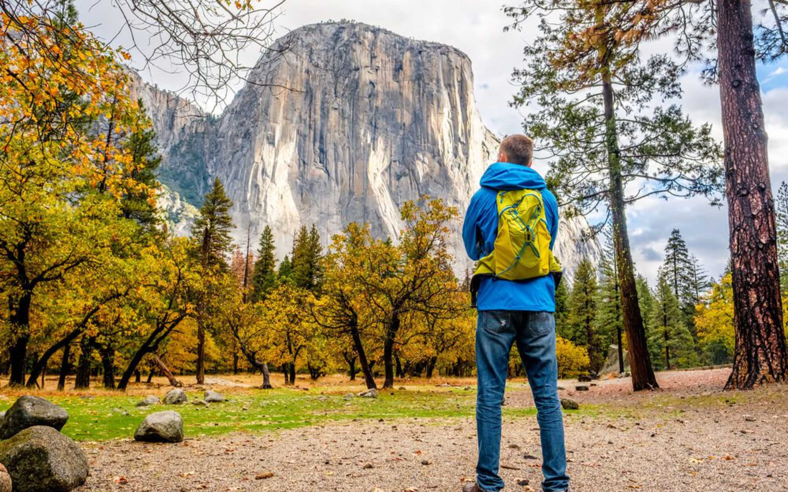 在巨人的環繞下感受自己的渺小，仰望著酋長巖（El Capitan）的陡峭巖壁，四周是秋天的色彩