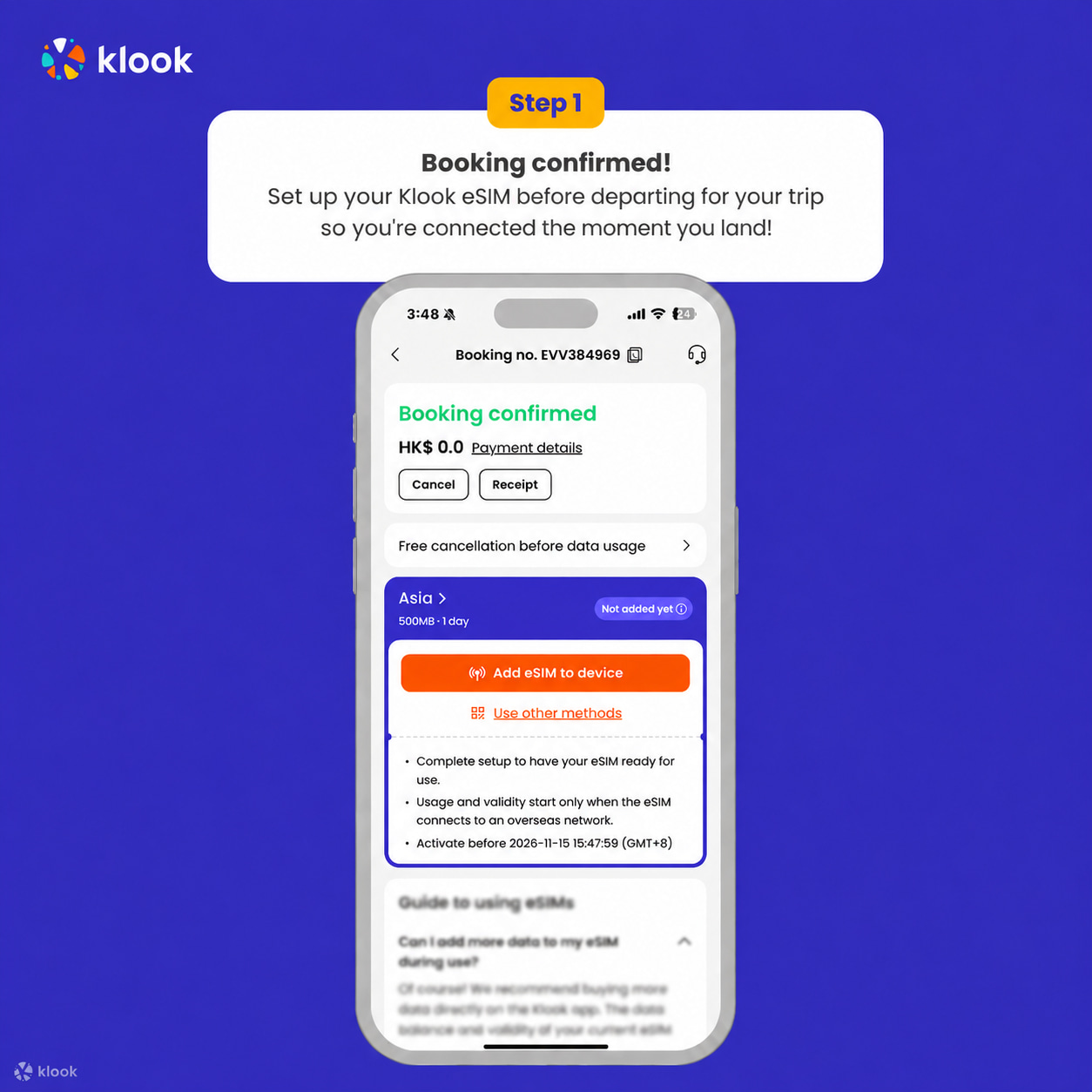 Активация eSIM Klook в приложении