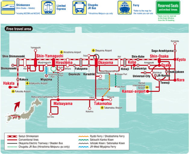 7 Day JR Setouchi Area Pass map