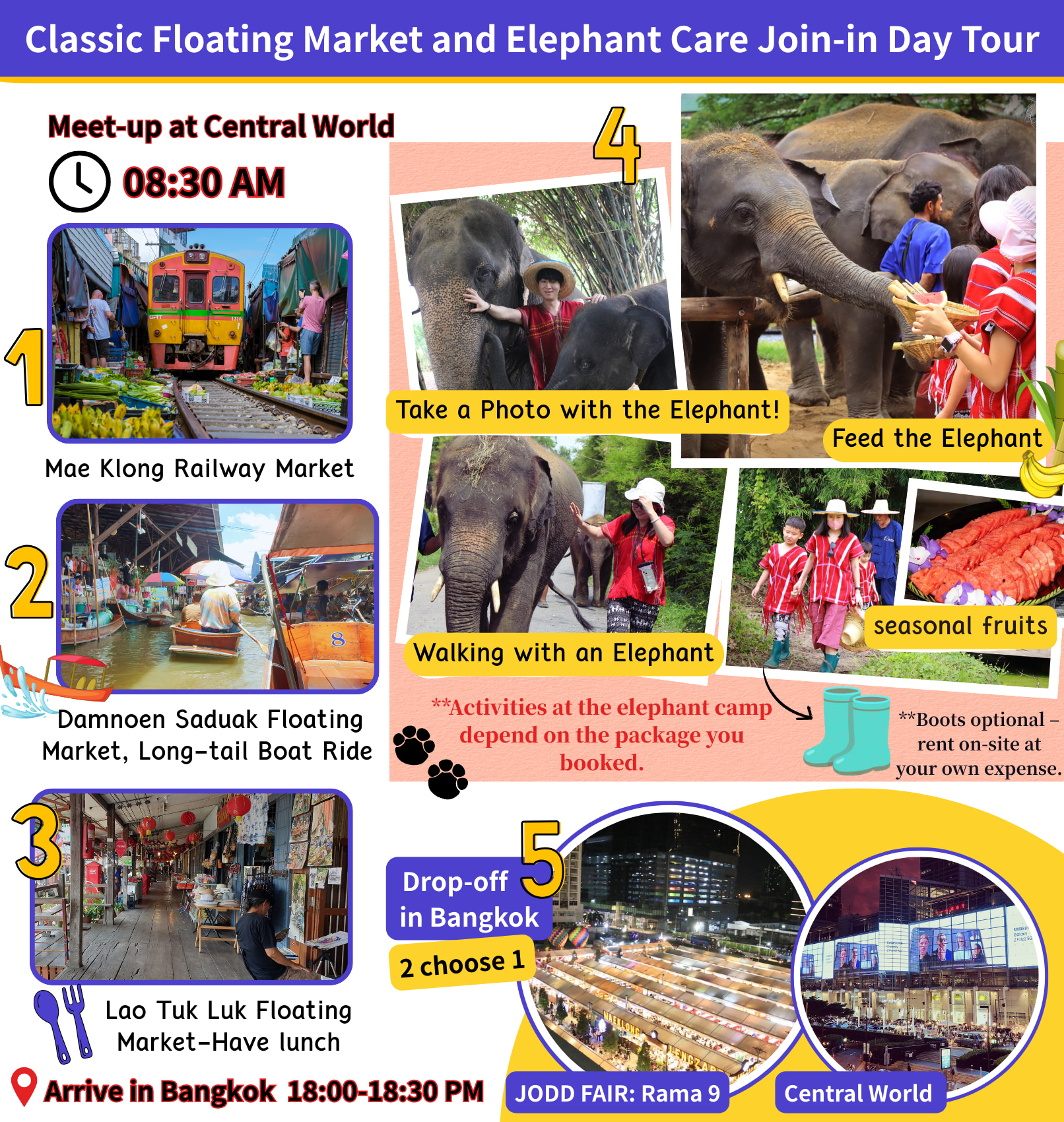 Classic Floating Market and Elephant Care Join-in Day Tour