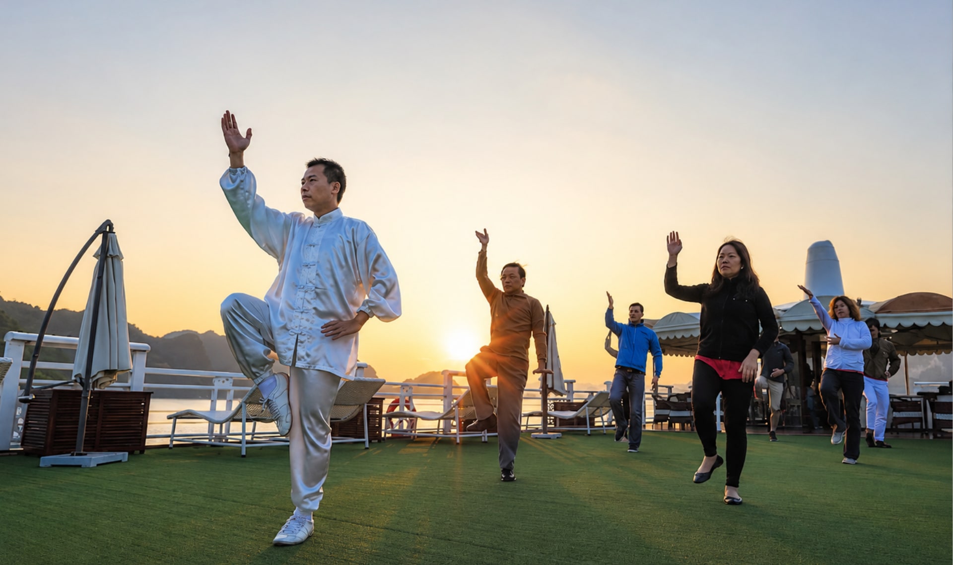 在星光郵輪 (The Starlight Cruise) 上,伴著寧靜的海灣美景和柔和的日出光芒,以一場清爽的太極課程開啟您平靜的早晨。 在星光郵輪 (The Starlight Cruise) 上,伴著寧靜的海灣美景和柔和的日出光芒,以一場清爽的太極課程開啟您平靜的早晨。