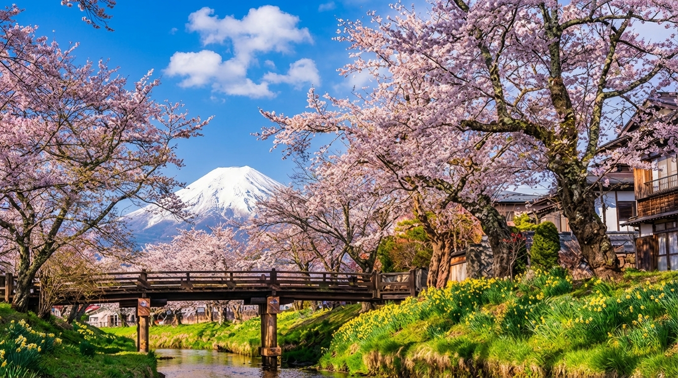 忍野八海：因為錯落有致地散佈著八個清泉，“忍野八海”故而得名且名揚四方。水質清冽甘甜，也被譽為“日本九寨溝”。新名莊沿岸是核心賞櫻地帶，櫻花並木配富士山同框，是標誌性機位。