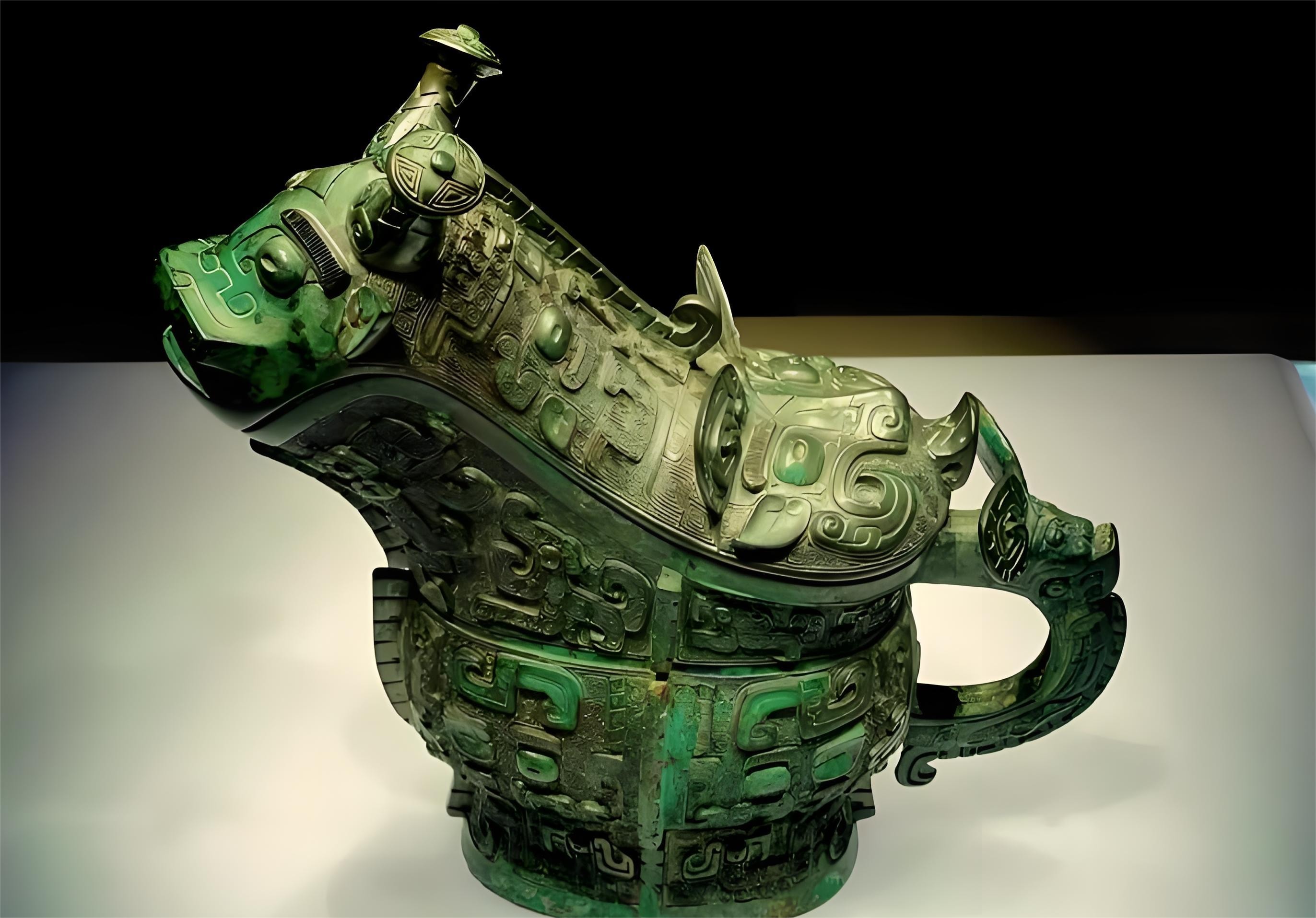 獸形觥有商、西周兩件珍品：商代款龍首獸身，紋飾繁縟神秘；西周款龍頭鳳紋，造型萌趣華麗，均為青銅藝術巔峰之作。