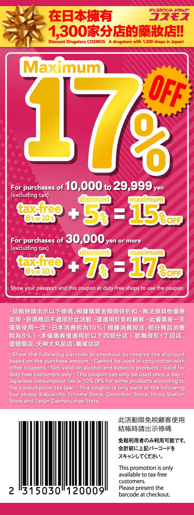 [Tokyo] Discount DrugStore COSMOS TaxFree Discount Coupon and NIKKO