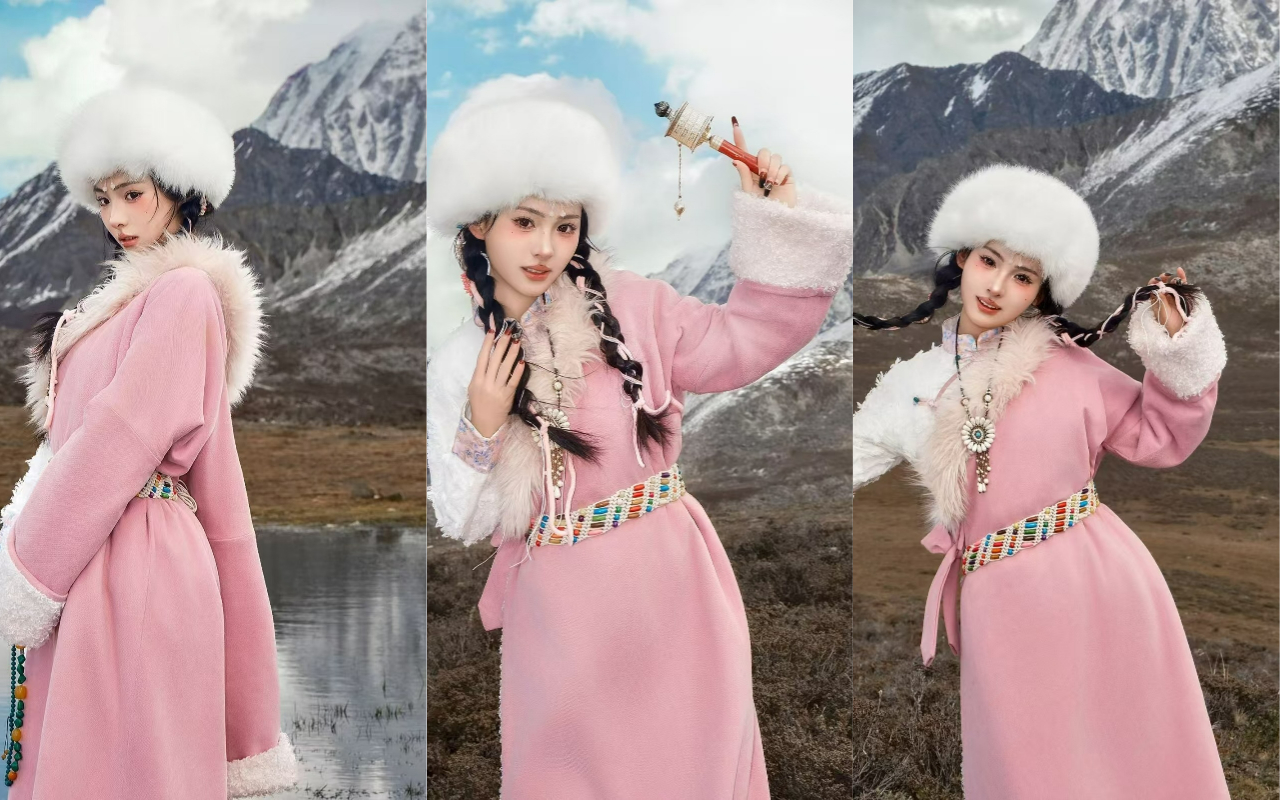 身著粉白藏裝、頭戴毛絨帽的女孩，在雪山草甸間，或持轉經筒，或擺弄髮辮，盡顯高原民族的靈動與美麗