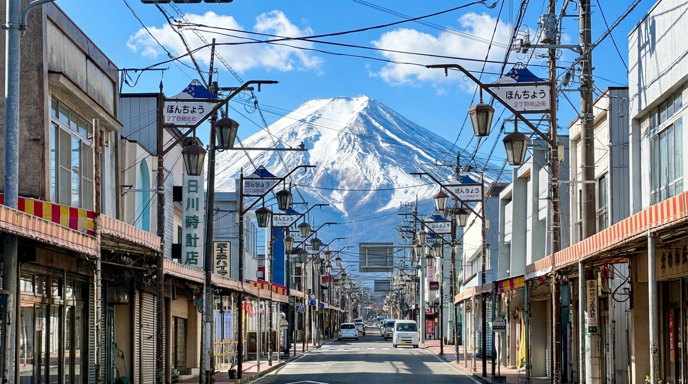 日川時計店：富士山絕景C位。時計店前的街道正對富士山，無電線杆遮擋，隨手一拍就是明信片！