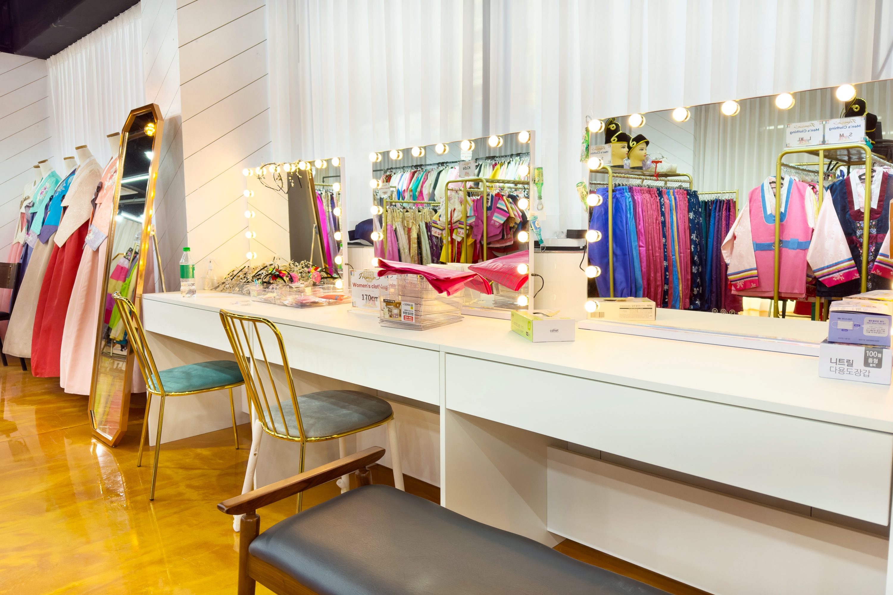 Inside a luxurious hanbok rental shop