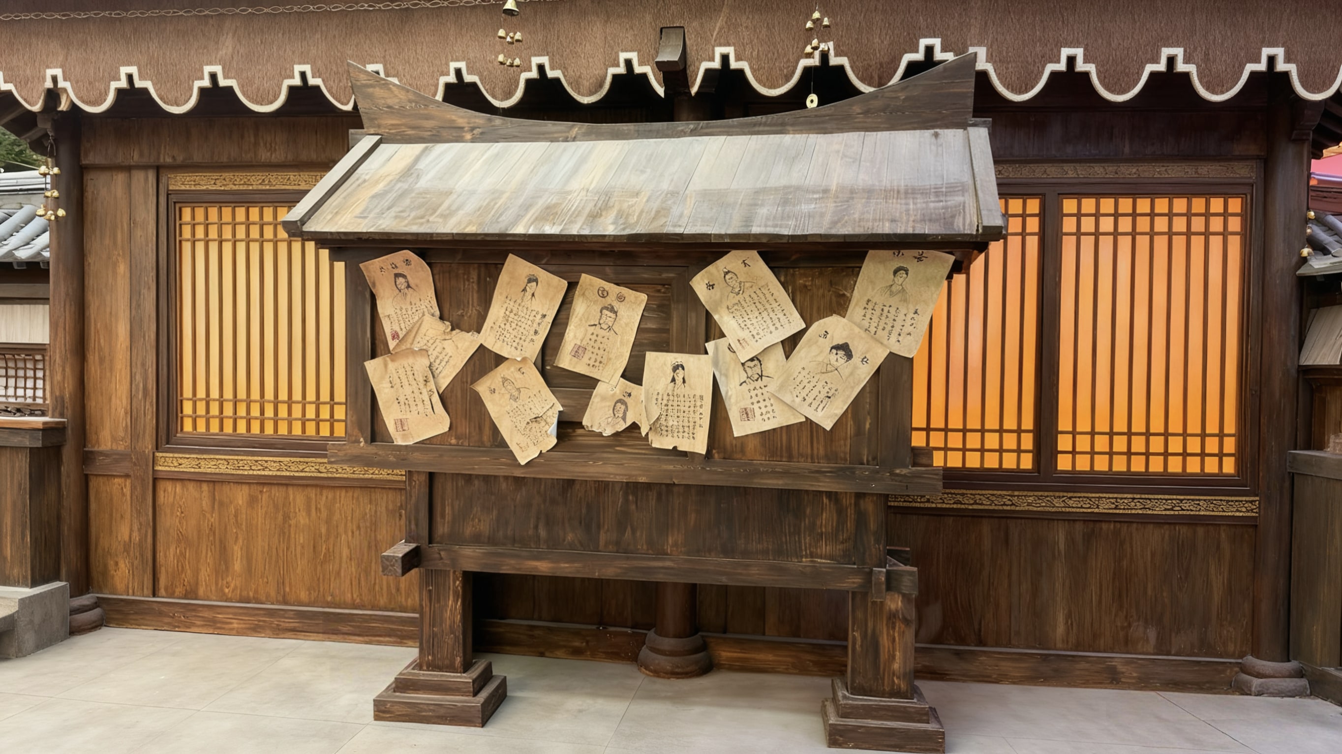 木質公告欄,張貼著泛黃的人物告示 木質公告欄,張貼著泛黃的人物告示