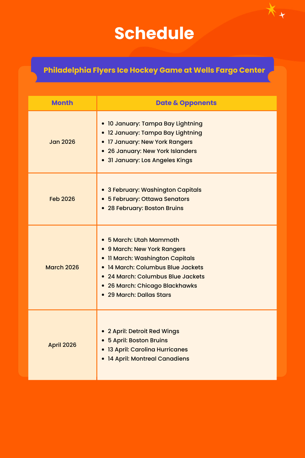在 2026 賽季,親臨現場見證費城飛人隊在精彩刺激的 NHL 賽事中稱霸球場。 在 2026 賽季,親臨現場見證費城飛人隊在精彩刺激的 NHL 賽事中稱霸球場。