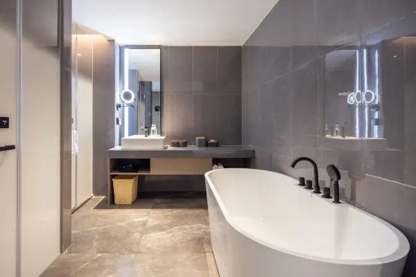 Hotel guest room bathing area interior environment display map